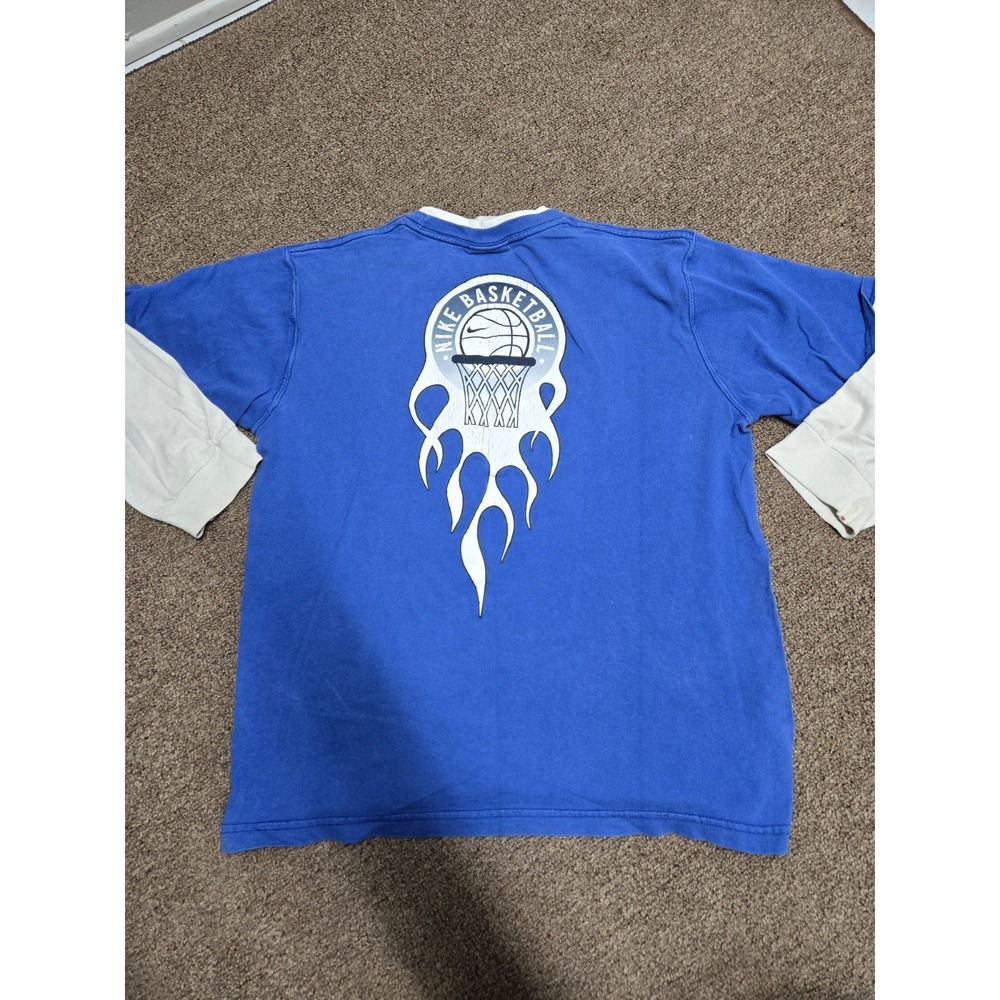 Vintage NIKE Long Sleeve‎ T Shirt Size (XL) Youth Rare Y2K Flames Fire Logo Blue